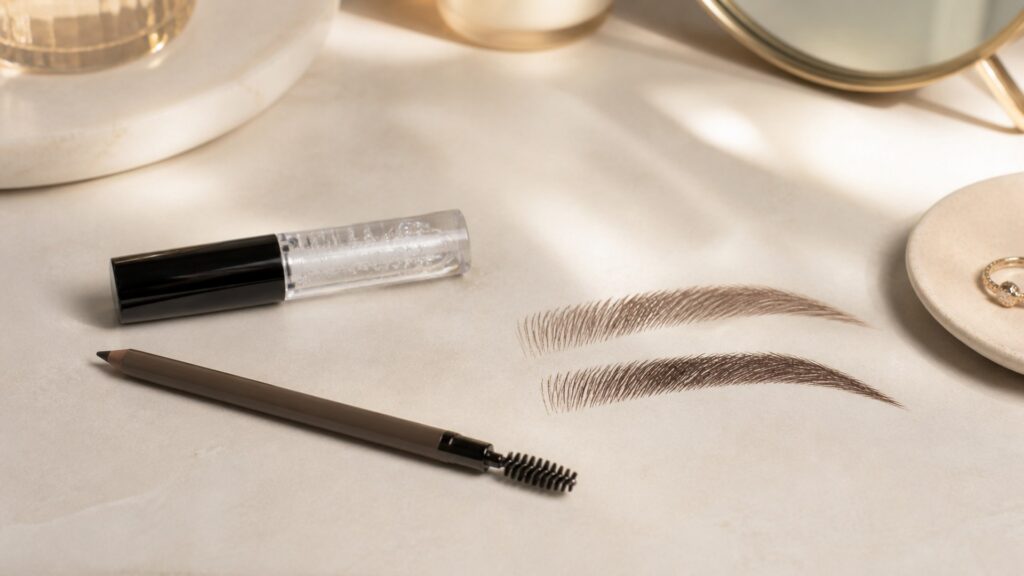 Unbranded editorial arrangement illustrating Brow Products Buying Guide for Everyday Makeup
