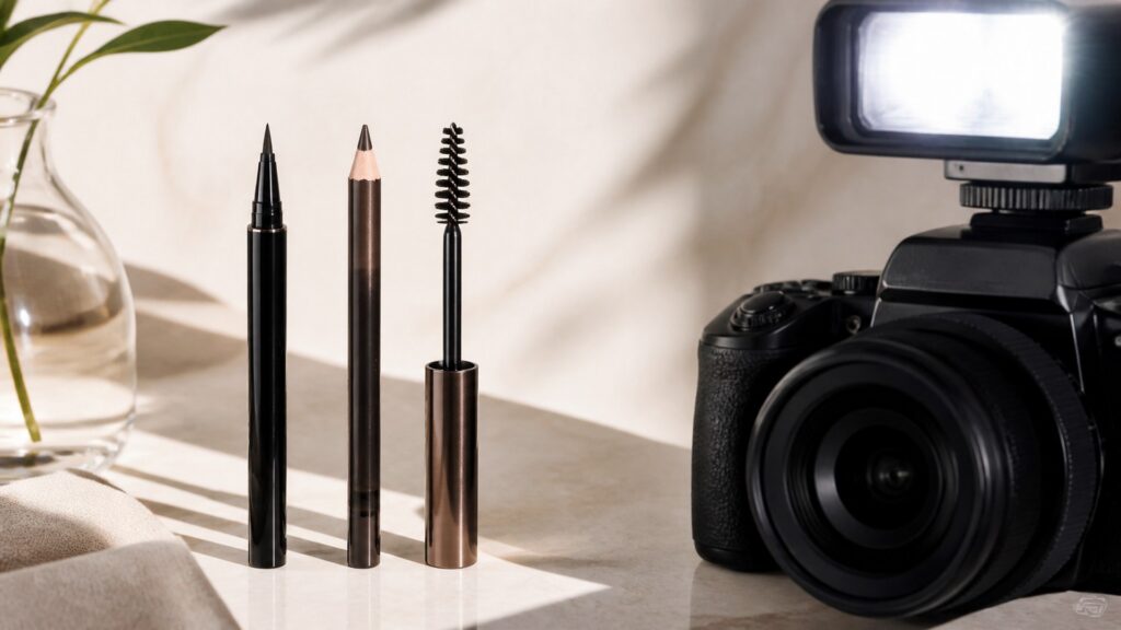 Unbranded editorial arrangement illustrating Brow Products Buying Guide for Photo-Ready Looks
