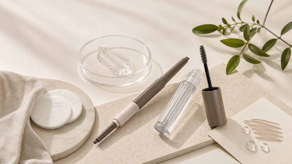 Unbranded editorial arrangement illustrating Brow Products Buying Guide for Sensitive Skin