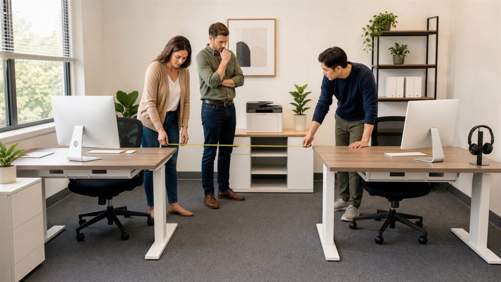 small office team planning compact workstations shared devices power and storage within a bright workspace
