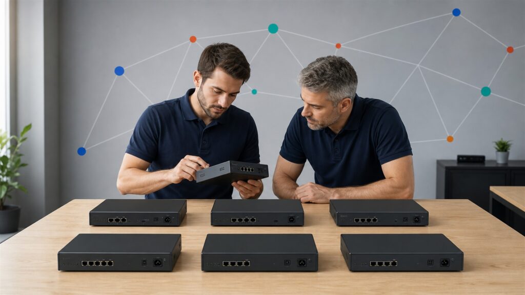 network engineer and office manager inspecting unbranded routers and wireless hardware in a modern workplace for a multi-location networking buying decision
