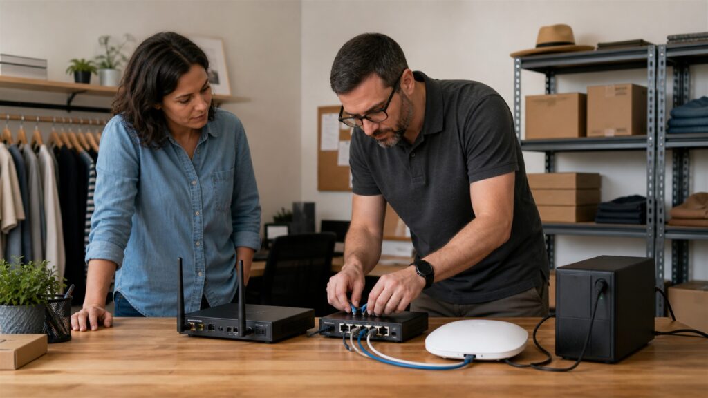 network engineer and office manager inspecting unbranded routers and wireless hardware in a modern workplace for a small-business connectivity buying decision