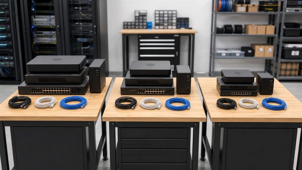 unbranded business internet handoff equipment, network gateway, plain cables, and status lights in a clean communications room for a multi-location businesses buying decision
