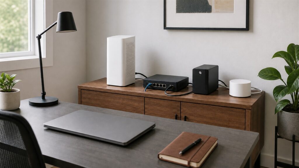 unbranded business internet handoff equipment, network gateway, plain cables, and status lights in a clean communications room for a remote work buying decision