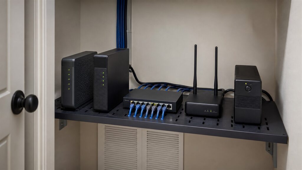 unbranded business internet handoff equipment, network gateway, plain cables, and status lights in a clean communications room for a small offices buying decision
