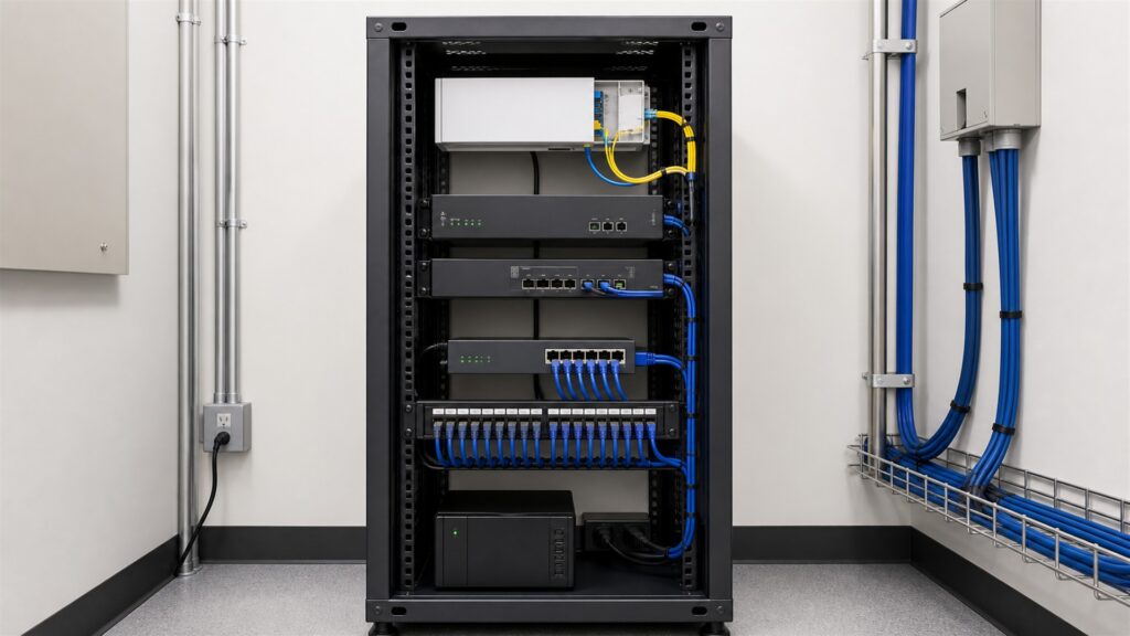 unbranded business internet handoff equipment, network gateway, plain cables, and status lights in a clean communications room for a general selection buying decision