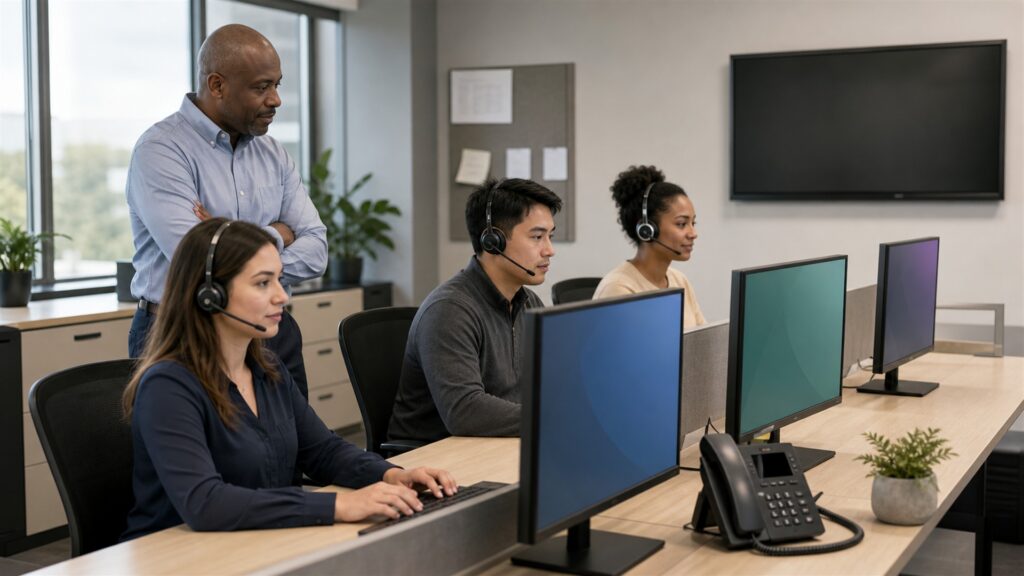 communications team testing unbranded desk phones and headsets during a realistic office call for a call-center operations buying decision