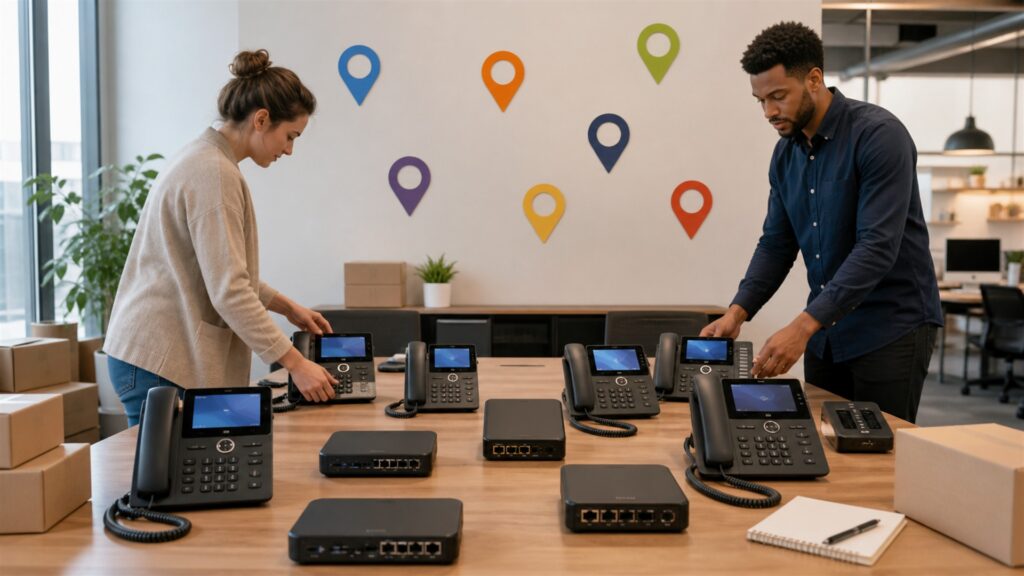 communications team testing unbranded desk phones and headsets during a realistic office call for a multi-location communications buying decision