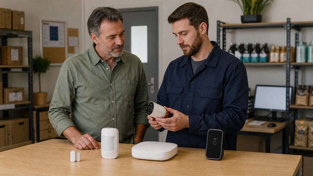 security manager inspecting unbranded cameras access readers and alarm controls at a business site for a small-business protection buying decision