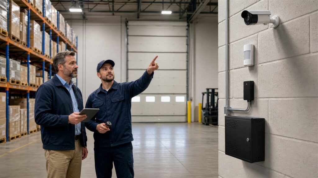 security manager inspecting unbranded cameras access readers and alarm controls at a business site for a warehouse protection buying decision