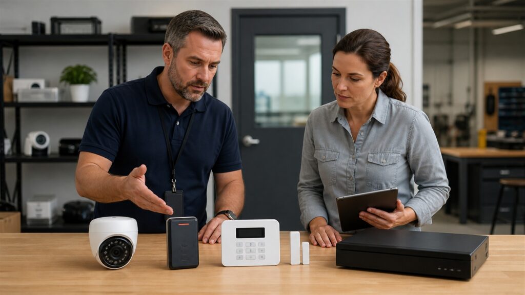 security manager inspecting unbranded cameras access readers and alarm controls at a business site for a general security-system selection buying decision
