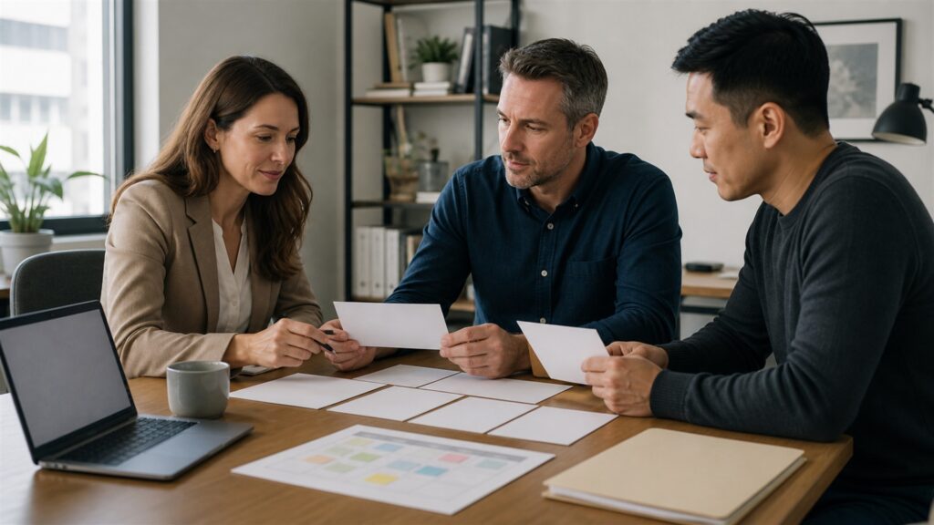 business owner meeting with an unbranded professional service team around a practical project plan for a small-business service sourcing buying decision