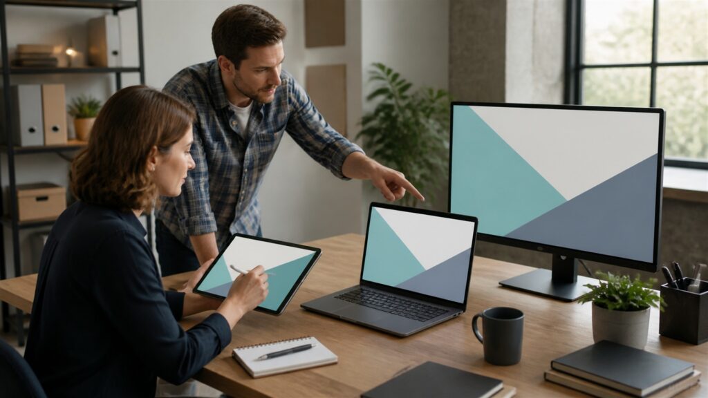 mixed business team evaluating an unbranded software workflow on ordinary office monitors for a small-business software workflows buying decision