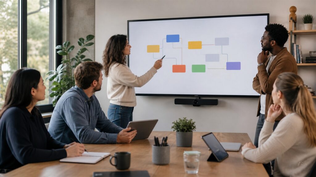 mixed business team evaluating an unbranded software workflow on ordinary office monitors for a collaboration software workflows buying decision