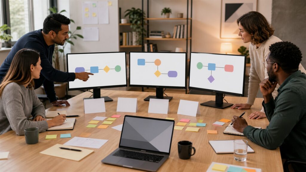 mixed business team evaluating an unbranded software workflow on ordinary office monitors for a general software selection buying decision