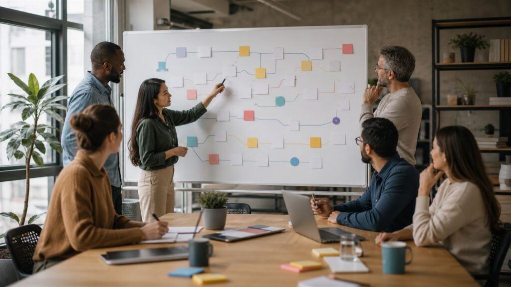 customer success and sales team reviewing a shared customer journey map in a service workspace