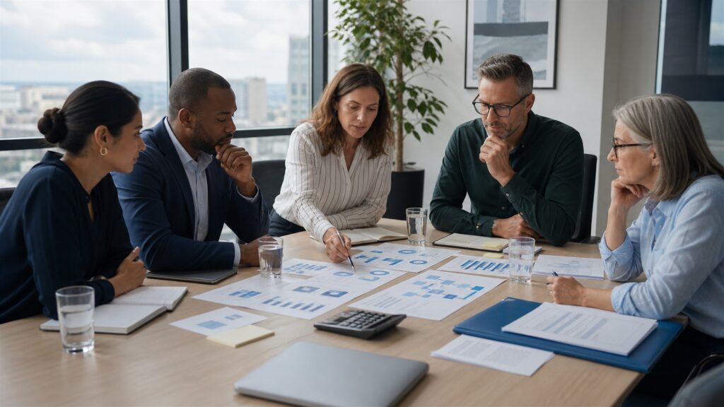 finance team reviewing cash planning scenarios and approval flows around a conference table