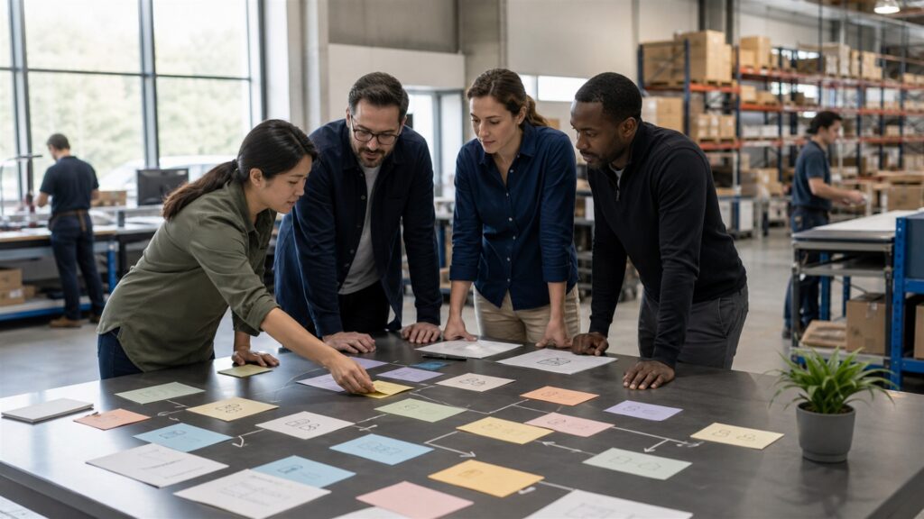 operations team studying a physical process flow beside an active production workspace