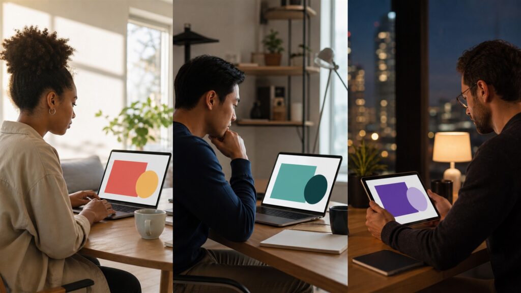 distributed team members collaborating across video, shared documents, and a project board in home offices