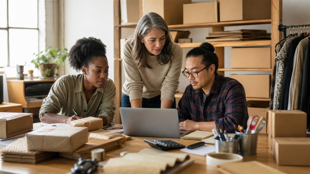 small business owner and two employees reviewing operations software beside packed customer orders