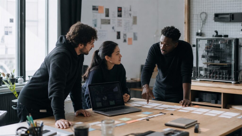 startup founders mapping product milestones and evaluating business platforms in a compact workspace