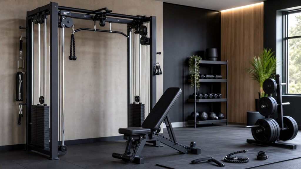 cable machines for progressive overload arranged in a practical buyer guide scene