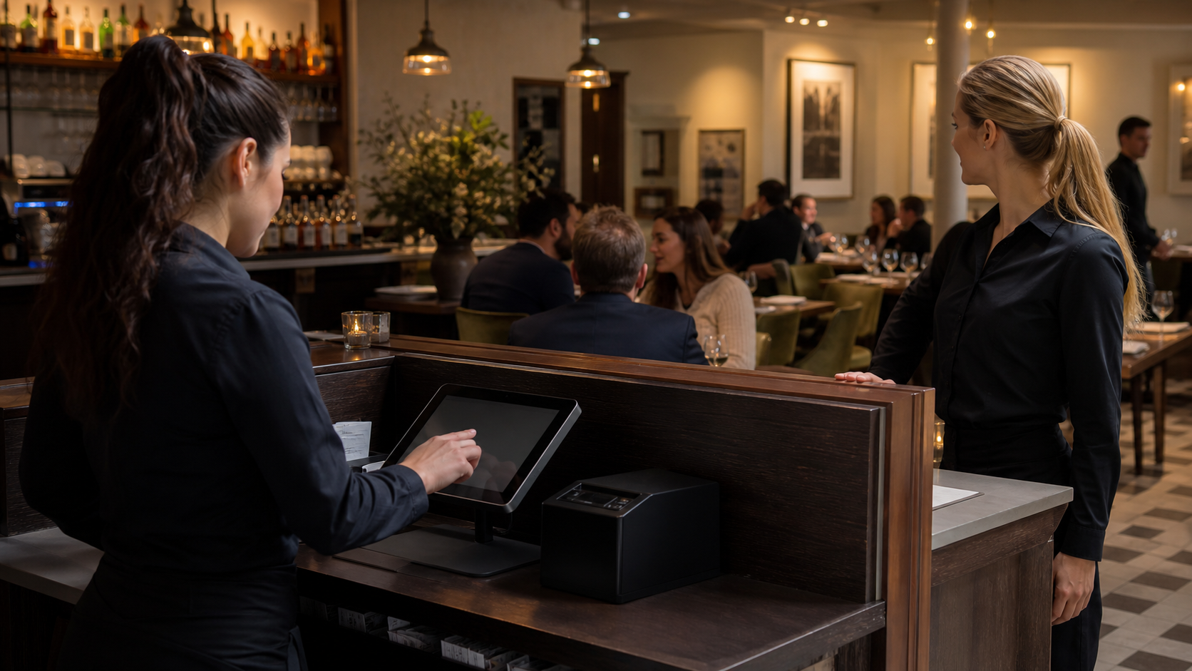 Ultra photorealistic restaurant POS hero image for CAKE POS Review for Full Service Restaurant POS