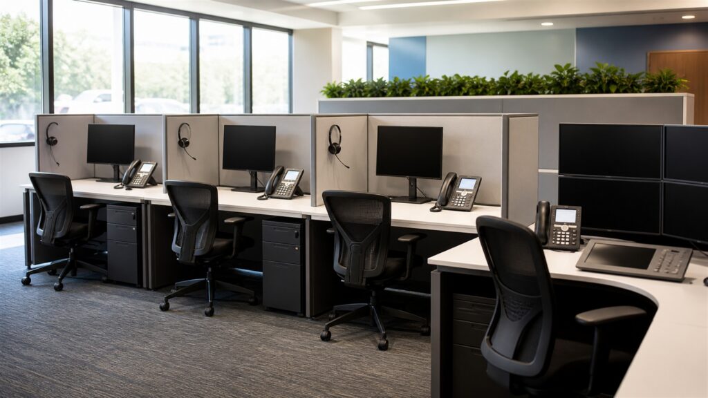 unbranded call center desk phones, headsets, compact network appliance, and blank supervisor screens in a modern support office for a customer support teams buying decision