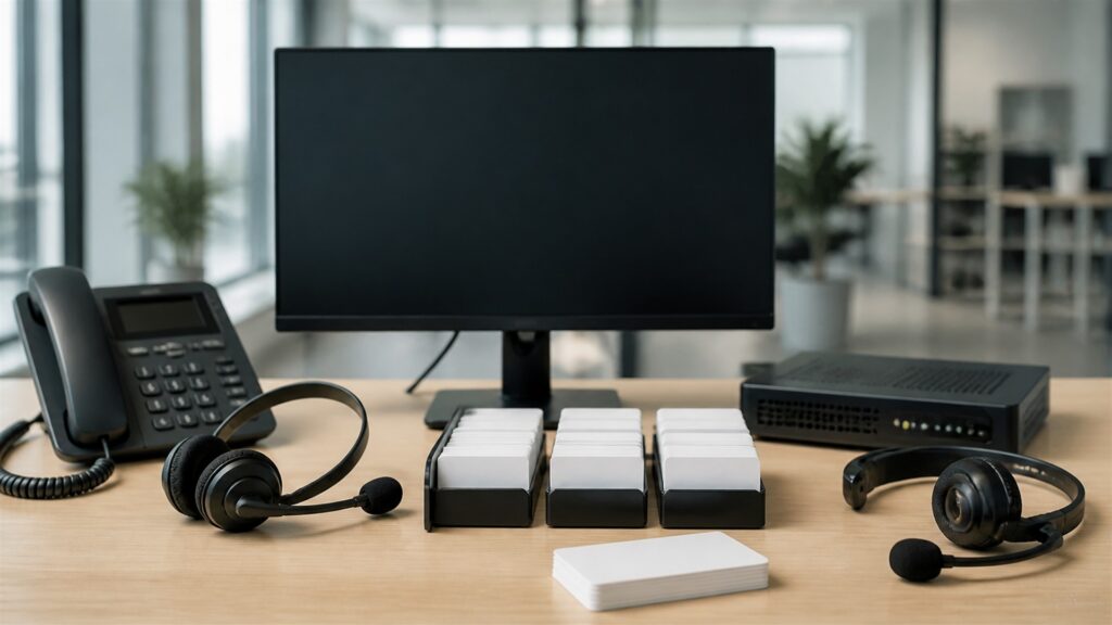 unbranded call center desk phones, headsets, compact network appliance, and blank supervisor screens in a modern support office for a sales calls buying decision