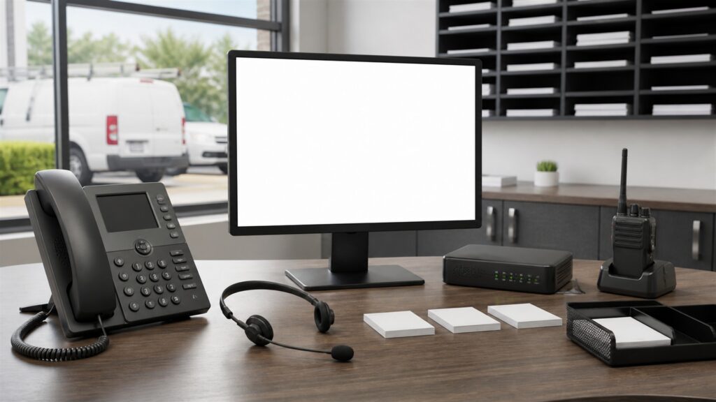 unbranded call center desk phones, headsets, compact network appliance, and blank supervisor screens in a modern support office for a service businesses buying decision