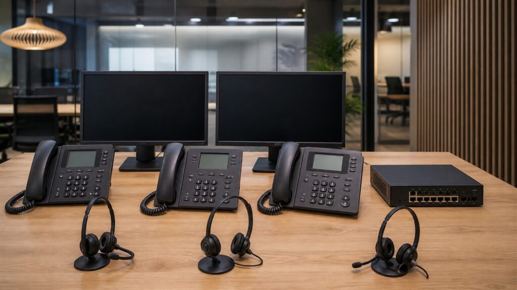 unbranded call center desk phones, headsets, compact network appliance, and blank supervisor screens in a modern support office for a general selection buying decision