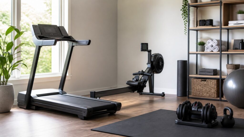 cardio equipment for home gyms arranged in a practical buyer guide scene