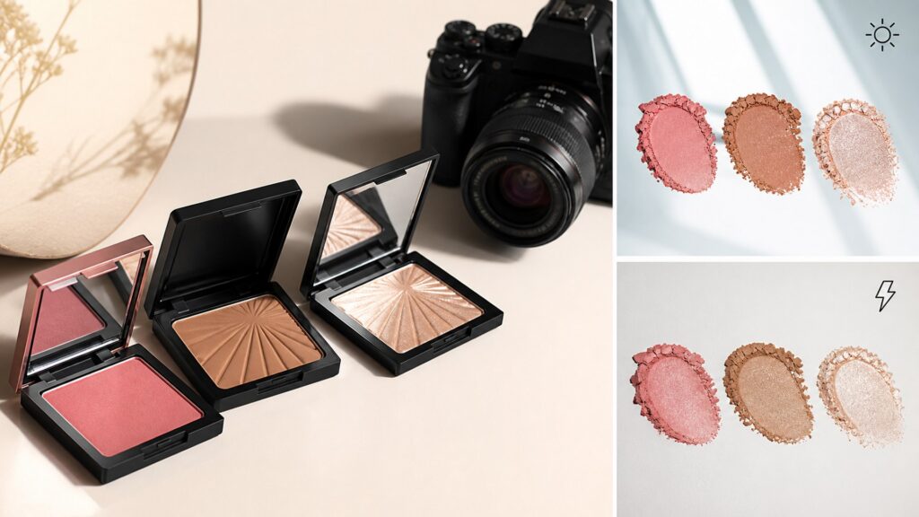 Unbranded editorial arrangement illustrating Cheek Makeup Buying Guide for Photo-Ready Looks