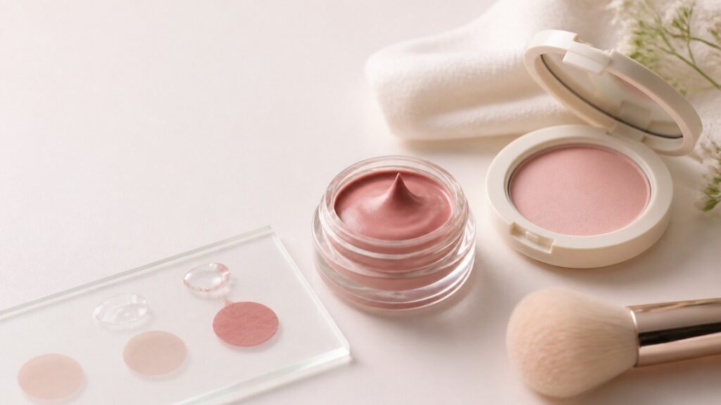 Unbranded editorial arrangement illustrating Cheek Makeup Buying Guide for Sensitive Skin