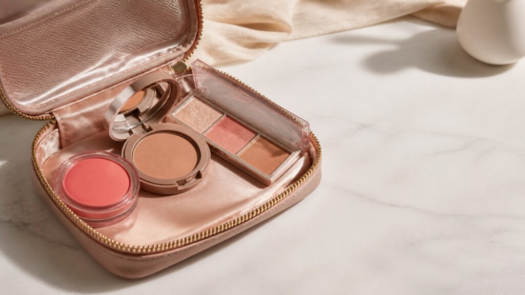 Unbranded editorial arrangement illustrating Cheek Makeup Buying Guide for Travel Bags