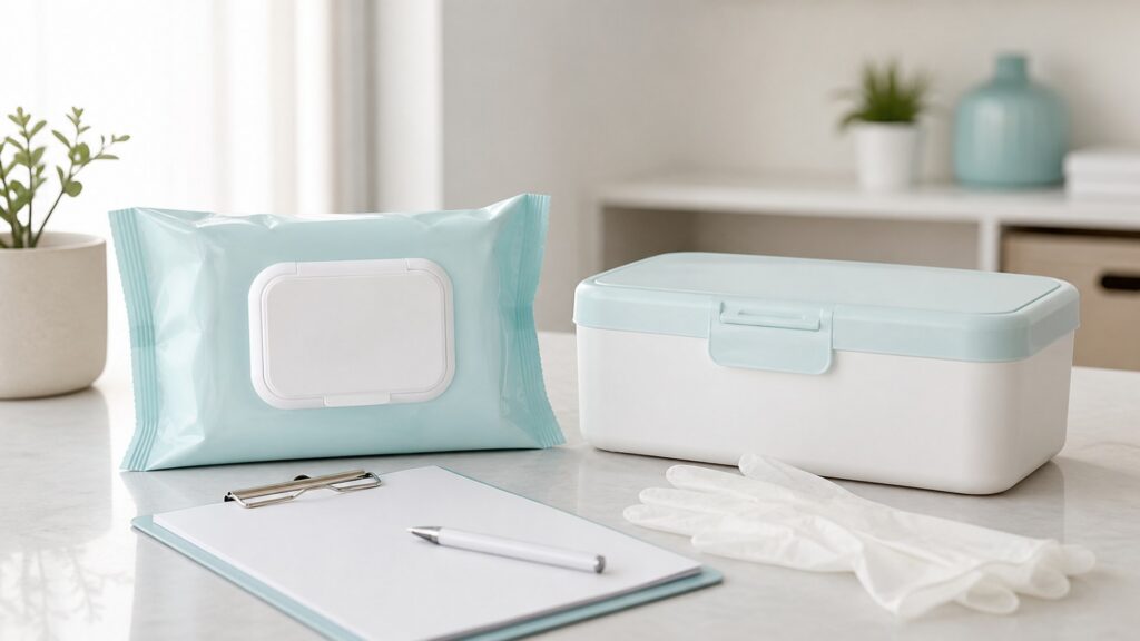 Unbranded cleansing wipes for caregiving products arranged for a careful buying comparison