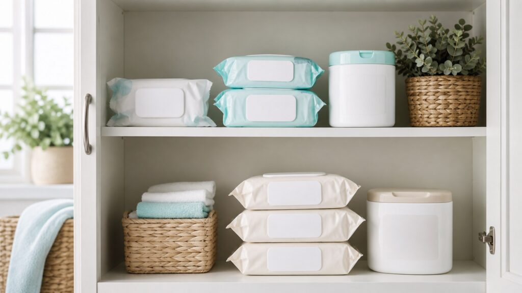 Unbranded cleansing wipes for caregiving products arranged for a careful buying comparison