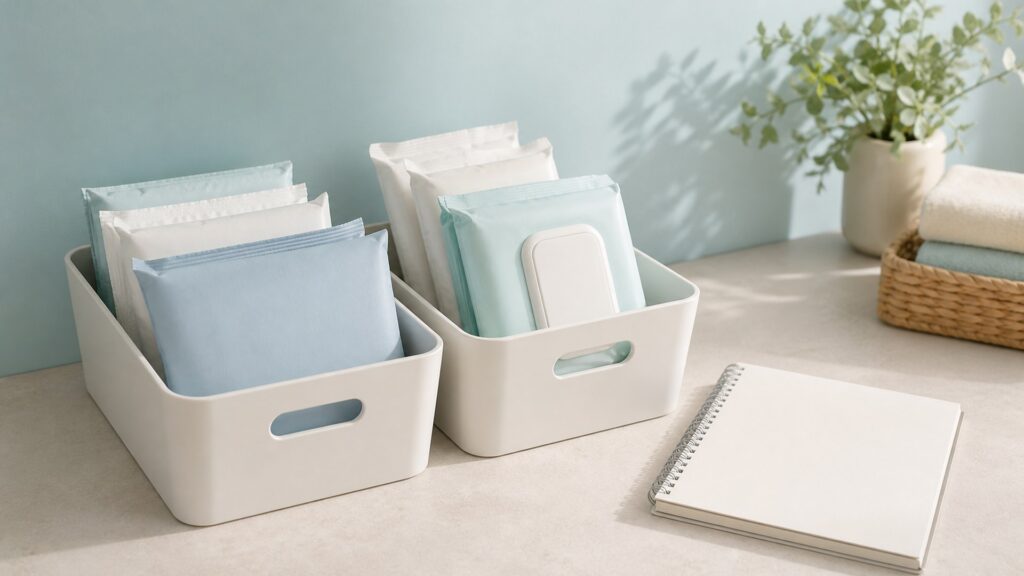 Unbranded cleansing wipes for caregiving products arranged for a careful buying comparison