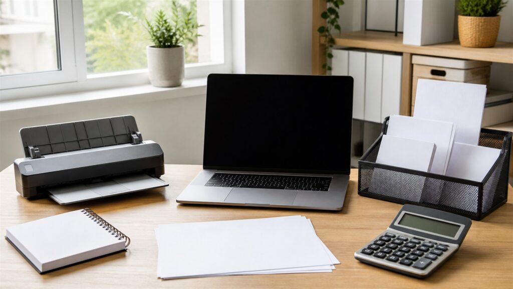 unbranded cloud accounting desk with blank ledger dashboards, bank reconciliation cards, receipt scanner, calculator, and closed finance folders for a freelancer and contractor workflows buying decision