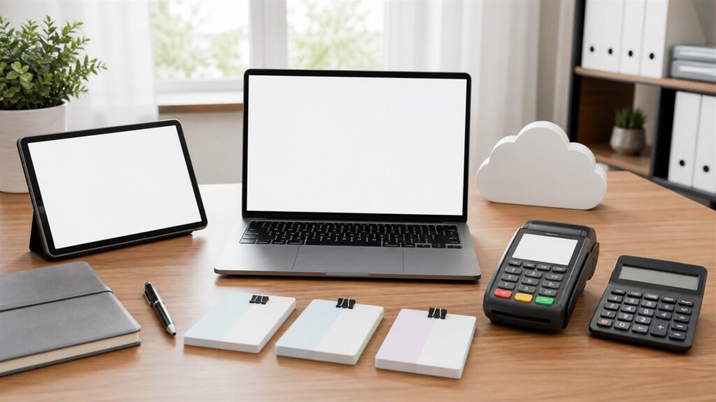 unbranded cloud accounting desk with blank ledger dashboards, bank reconciliation cards, receipt scanner, calculator, and closed finance folders for a payroll and payment integrations buying decision