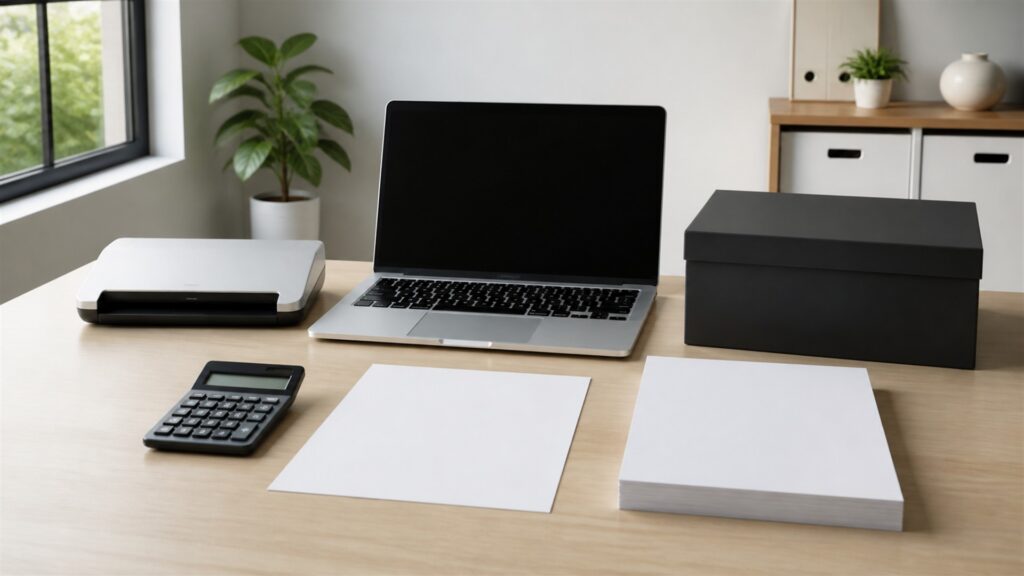 unbranded cloud accounting desk with blank ledger dashboards, bank reconciliation cards, receipt scanner, calculator, and closed finance folders for a tax season preparation buying decision