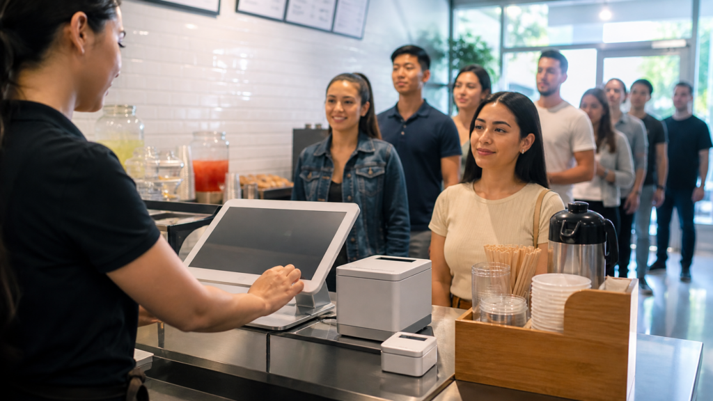 Ultra photorealistic restaurant POS hero image for Clover POS Review for Quick Service Restaurant POS