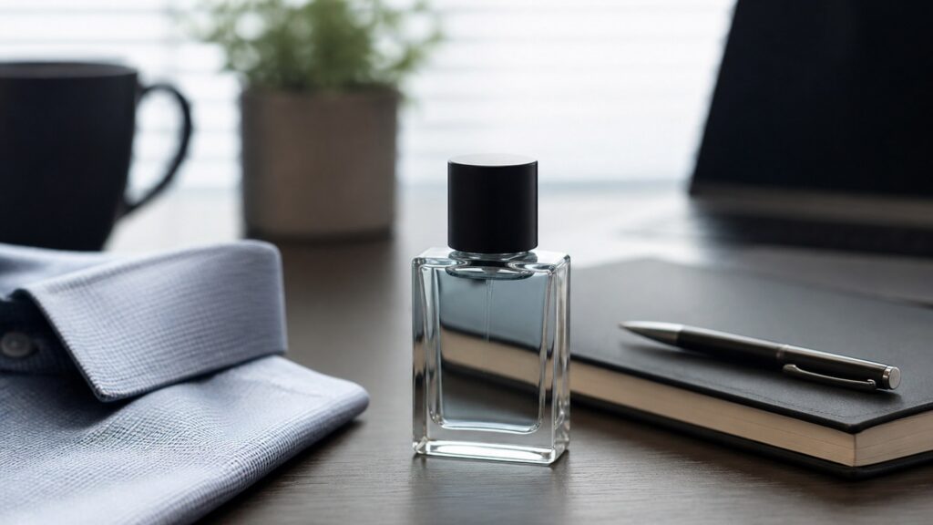 Unbranded editorial arrangement illustrating Cologne Buying Guide for Office Settings