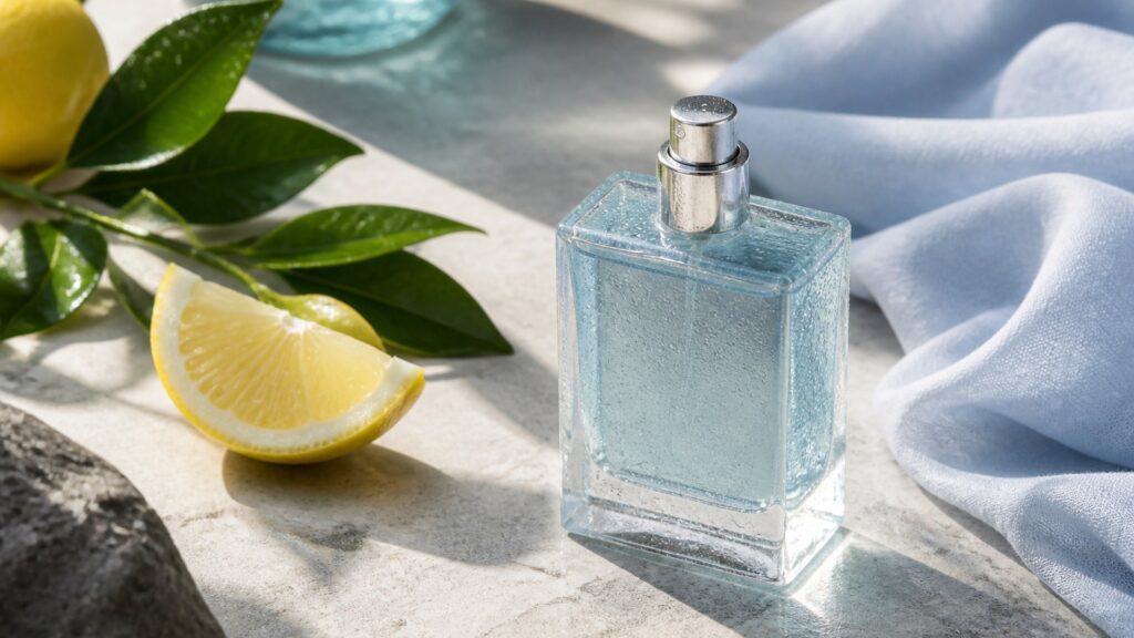 Unbranded editorial arrangement illustrating Cologne Buying Guide for Warm Weather