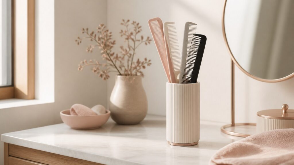 Unbranded editorial arrangement for Combs Buying Guide for Small Vanities