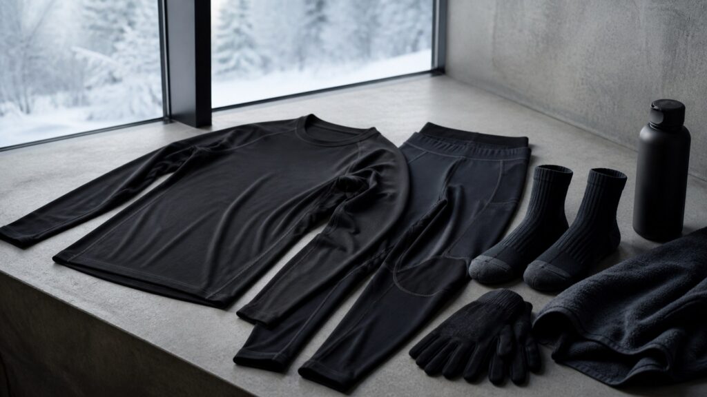 compression apparel for cold weather arranged in a practical buyer guide scene