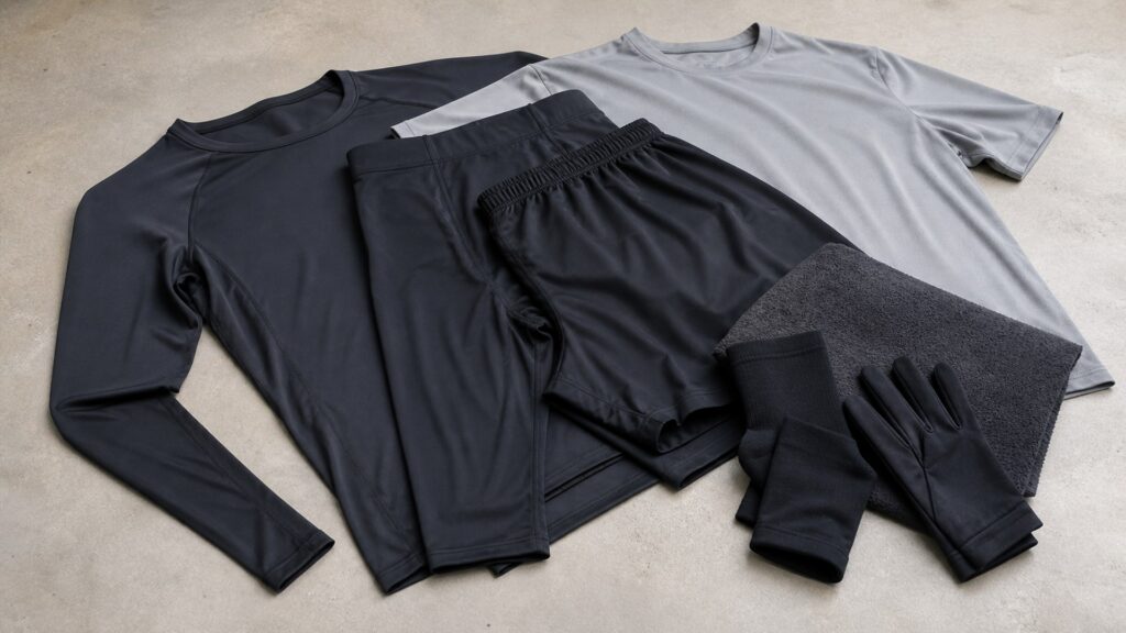 compression apparel for layering arranged in a practical buyer guide scene