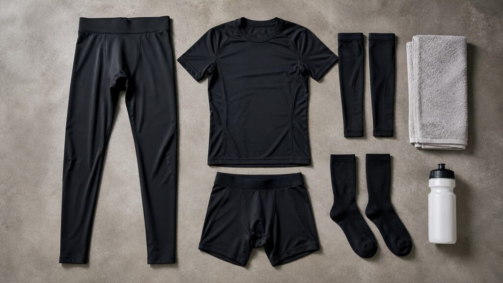 compression apparel for overall use arranged in a practical buyer guide scene