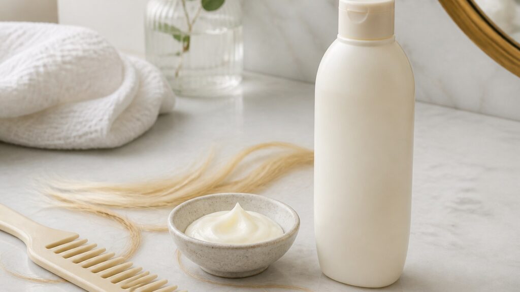 Unbranded editorial arrangement illustrating Conditioner Buying Guide for Fine Hair
