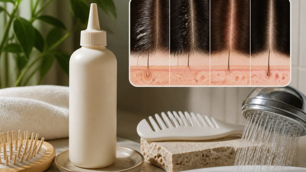 Unbranded editorial arrangement illustrating Conditioner Buying Guide for Scalp Care